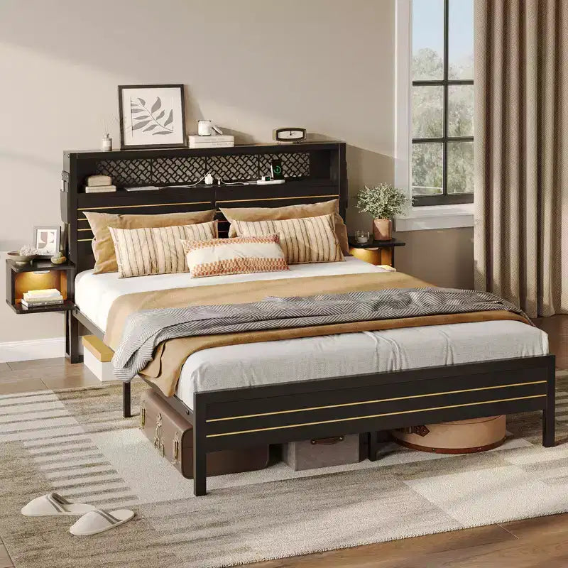 Platform Bed Frame with Storage Headboard, LED Lights, Power Outlet & USB Ports, Steel Slats
