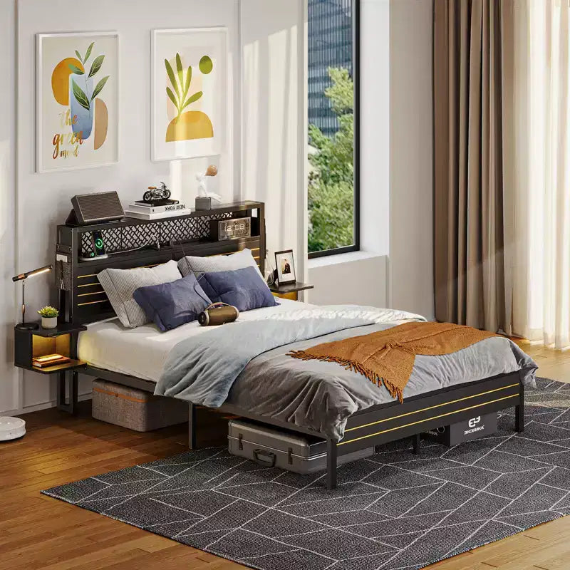 Platform Bed Frame with Storage Headboard, LED Lights, Power Outlet & USB Ports, Steel Slats