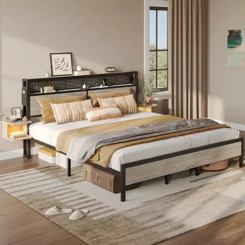 Platform Bed Frame with Storage Headboard, LED Lights, Power Outlet & USB Ports, Steel Slats
