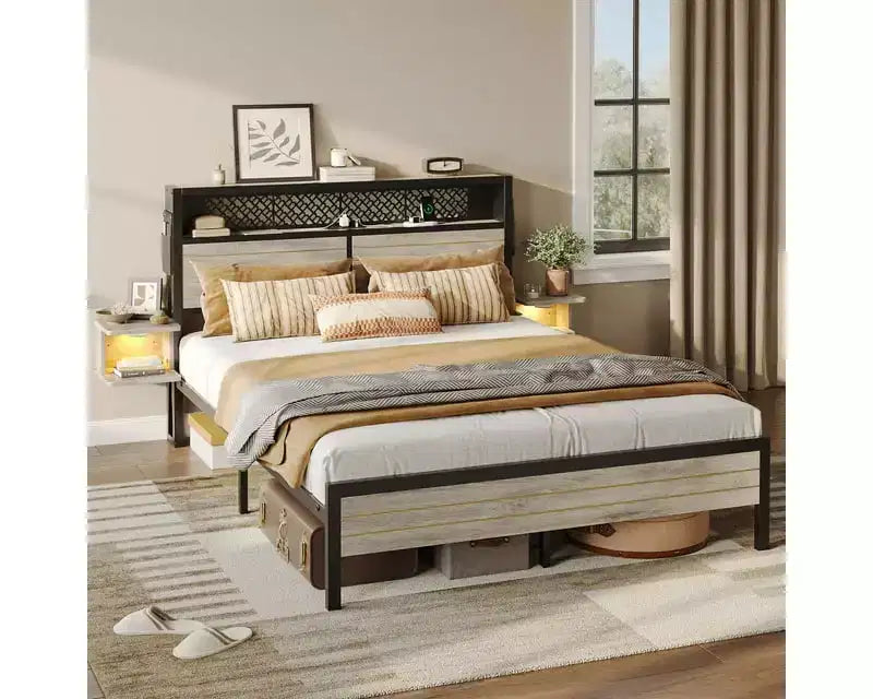 Platform Bed Frame with Storage Headboard, LED Lights, Power Outlet & USB Ports, Steel Slats