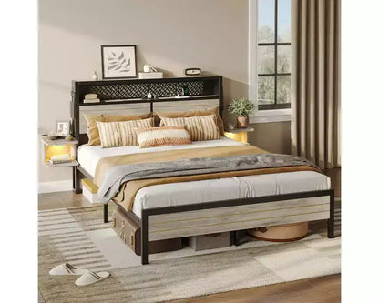 Platform Bed Frame with Storage Headboard, LED Lights, Power Outlet & USB Ports, Steel Slats
