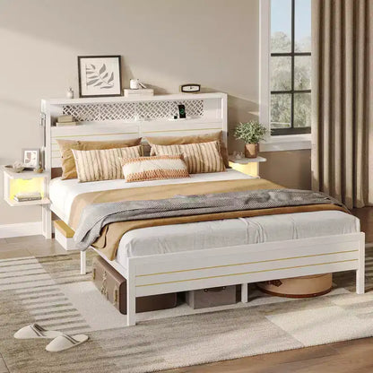 Platform Bed Frame with Storage Headboard, LED Lights, Power Outlet & USB Ports, Steel Slats