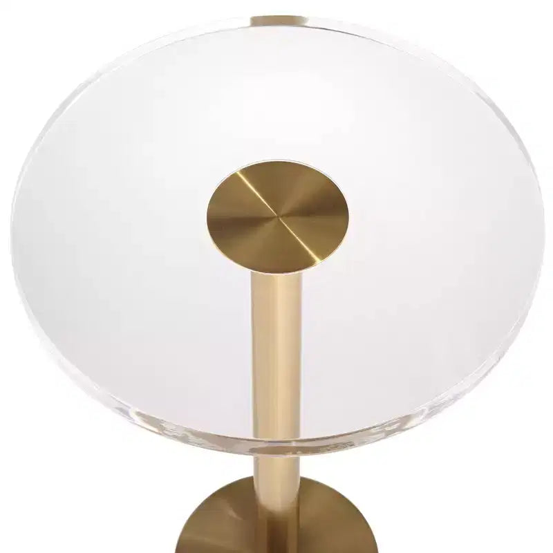 11.75in Round Side Table with Brushed Gold Base & Clear Acrylic Top, 20.75in Tall