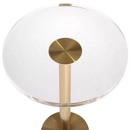 11.75in Round Side Table with Brushed Gold Base & Clear Acrylic Top, 20.75in Tall