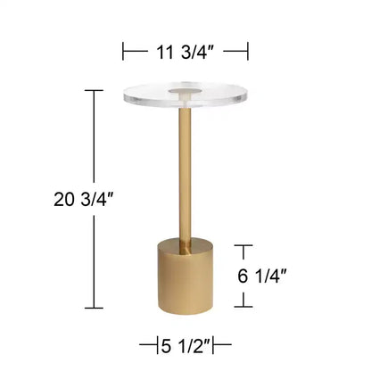 11.75in Round Side Table with Brushed Gold Base & Clear Acrylic Top, 20.75in Tall