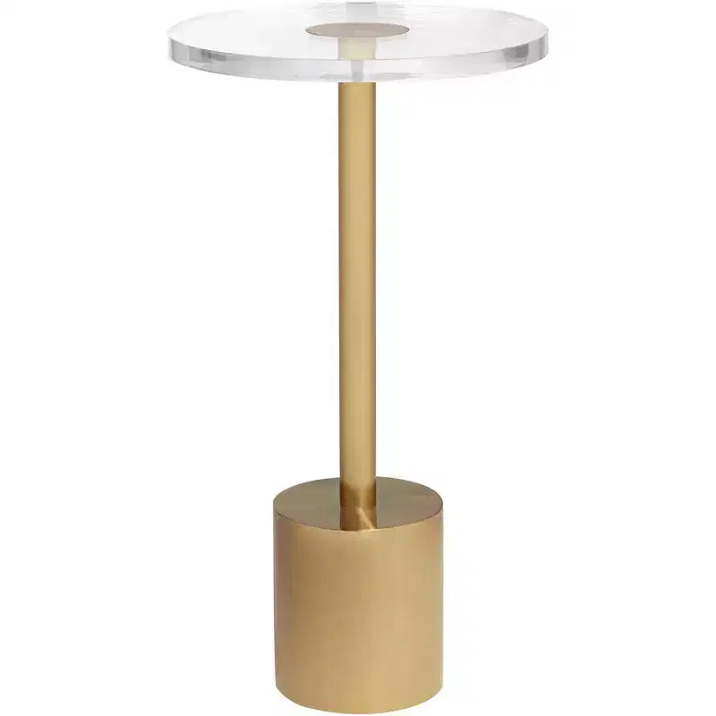 11.75in Round Side Table with Brushed Gold Base & Clear Acrylic Top, 20.75in Tall