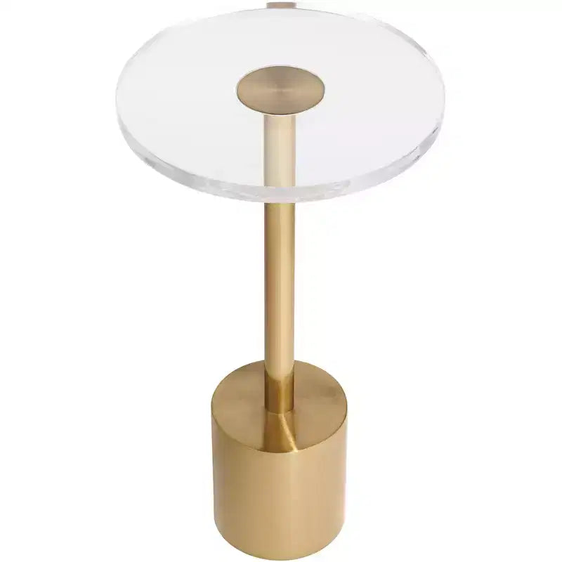 11.75in Round Side Table with Brushed Gold Base & Clear Acrylic Top, 20.75in Tall