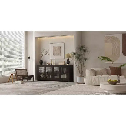 Deep Brown Accent Storage Cabinet with 4 Glass Doors & 2 Shelves, Wood Grain Finish, 70.8in