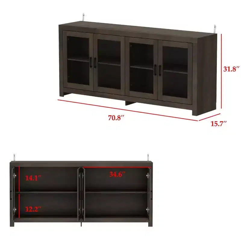 Deep Brown Accent Storage Cabinet with 4 Glass Doors & 2 Shelves, Wood Grain Finish, 70.8in