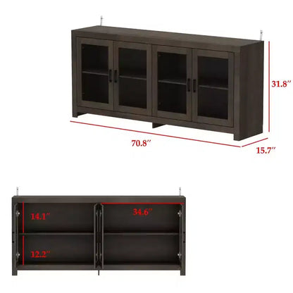 Deep Brown Accent Storage Cabinet with 4 Glass Doors & 2 Shelves, Wood Grain Finish, 70.8in