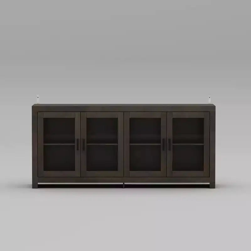 Deep Brown Accent Storage Cabinet with 4 Glass Doors & 2 Shelves, Wood Grain Finish, 70.8in