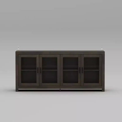 Deep Brown Accent Storage Cabinet with 4 Glass Doors & 2 Shelves, Wood Grain Finish, 70.8in