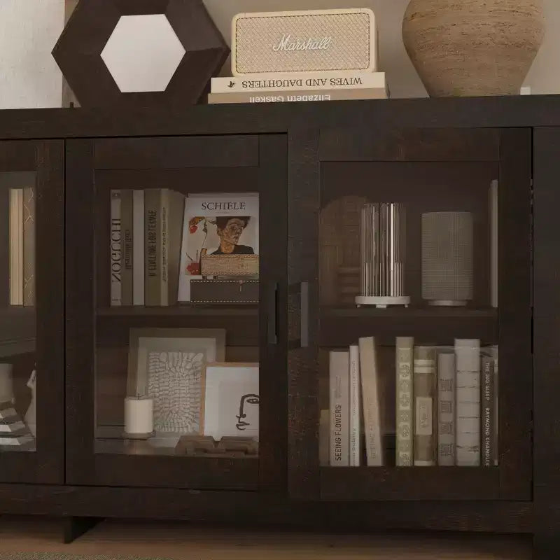 Deep Brown Accent Storage Cabinet with 4 Glass Doors & 2 Shelves, Wood Grain Finish, 70.8in