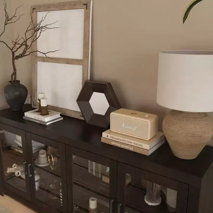Deep Brown Accent Storage Cabinet with 4 Glass Doors & 2 Shelves, Wood Grain Finish, 70.8in