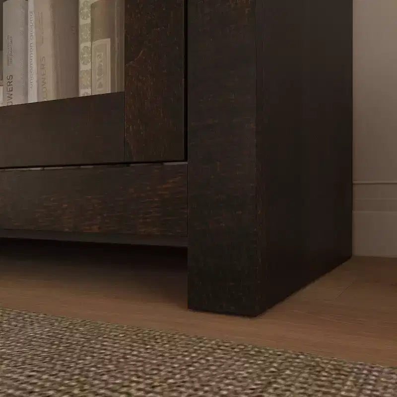 Deep Brown Accent Storage Cabinet with 4 Glass Doors & 2 Shelves, Wood Grain Finish, 70.8in