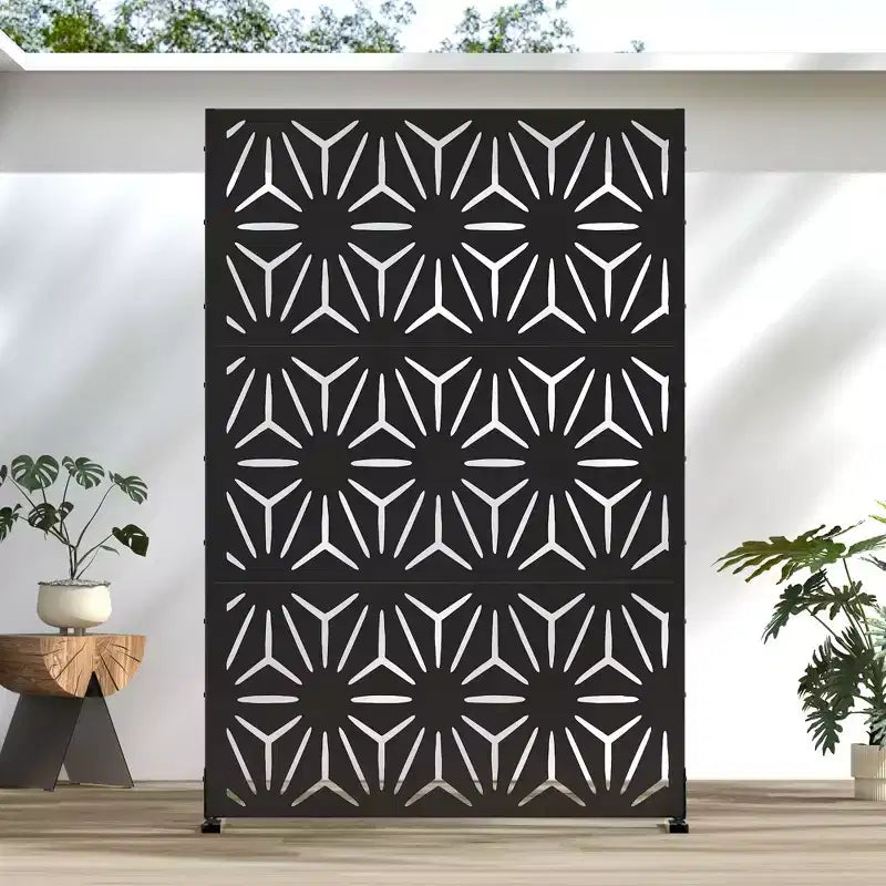Star shaped black galvanized sheet screen 71.37x46.8inch independent outdoor indoor privacy screen, balcony terrace garden decoration privacy screen