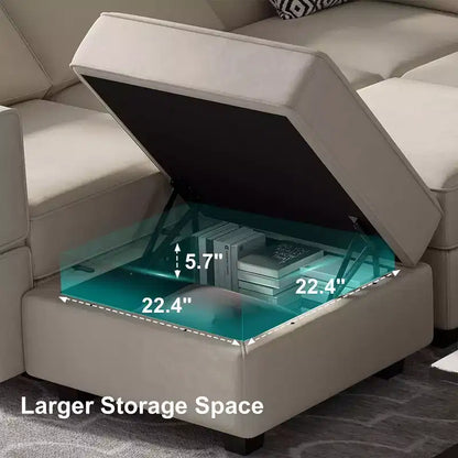 Modular Velvet Sectional Sofa with Storage Seat, 6-Seater, Adjustable Armrest & Washable Covers