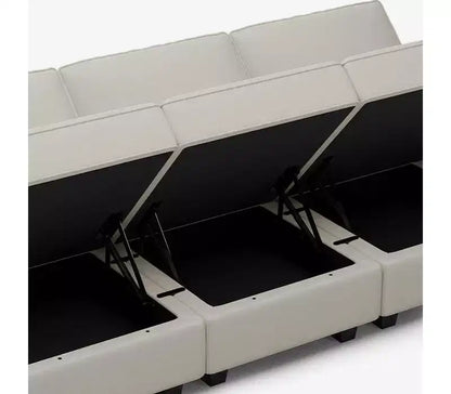 Modular Velvet Sectional Sofa with Storage Seat, 6-Seater, Adjustable Armrest & Washable Covers
