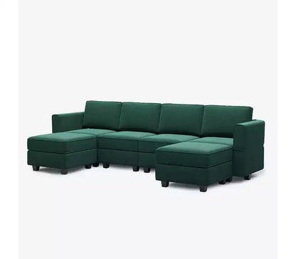 Modular Velvet Sectional Sofa with Storage Seat, 6-Seater, Adjustable Armrest & Washable Covers