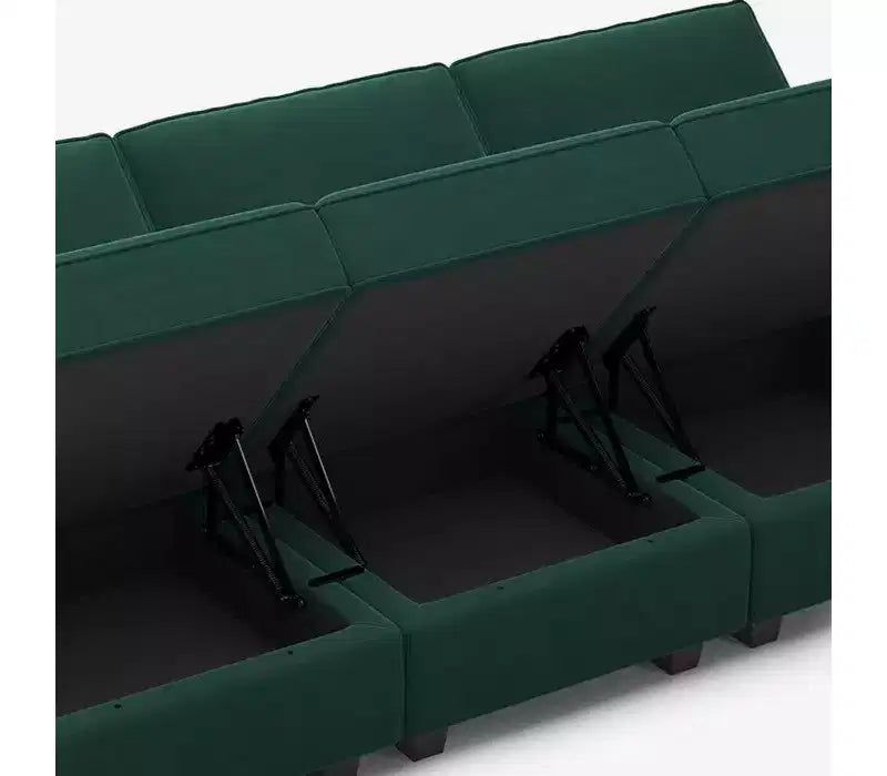 Modular Velvet Sectional Sofa with Storage Seat, 6-Seater, Adjustable Armrest & Washable Covers