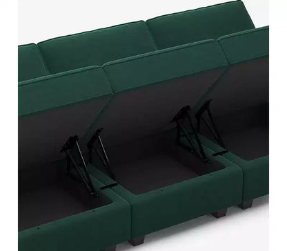 Modular Velvet Sectional Sofa with Storage Seat, 6-Seater, Adjustable Armrest & Washable Covers