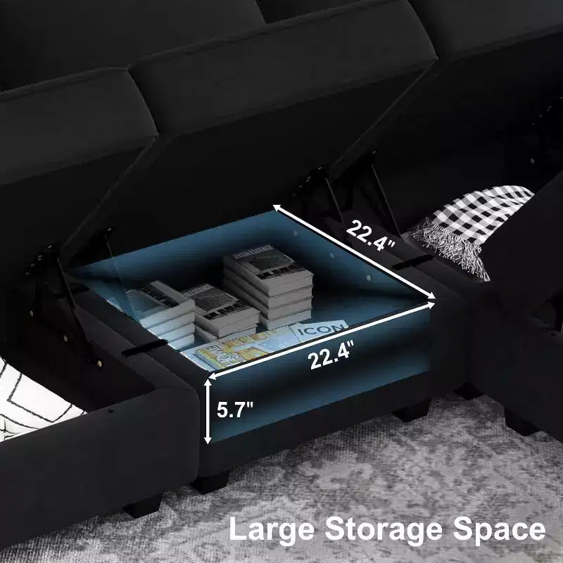 Modular Velvet Sectional Sofa with Storage Seat, 6-Seater, Adjustable Armrest & Washable Covers