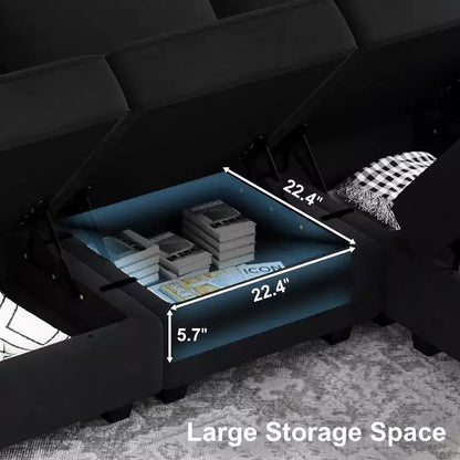 Modular Velvet Sectional Sofa with Storage Seat, 6-Seater, Adjustable Armrest & Washable Covers