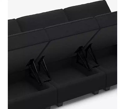 Modular Velvet Sectional Sofa with Storage Seat, 6-Seater, Adjustable Armrest & Washable Covers