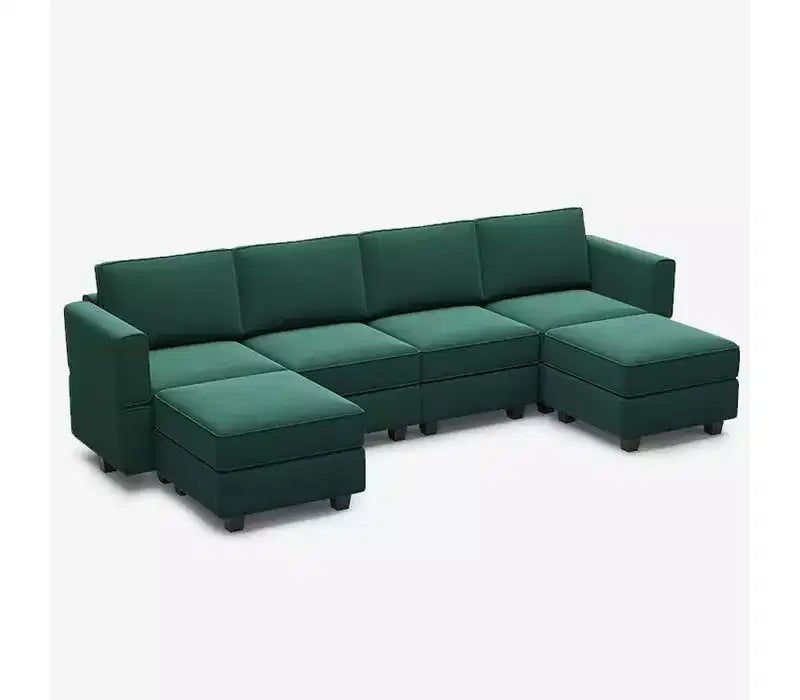 Modular Velvet Sectional Sofa with Storage Seat, 6-Seater, Adjustable Armrest & Washable Covers