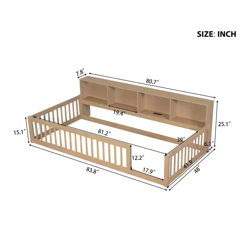 Twin XL Montessori Floor Bed with Storage Cabinets & USB Charging Ports, Pine Wood