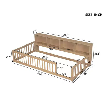 Twin XL Montessori Floor Bed with Storage Cabinets & USB Charging Ports, Pine Wood