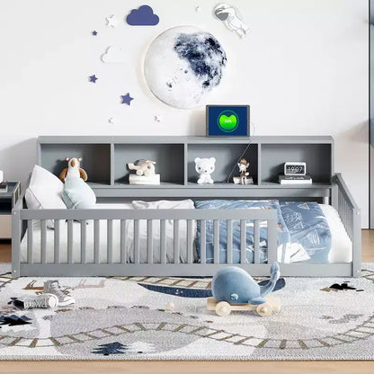 Twin XL Montessori Floor Bed with Storage Cabinets & USB Charging Ports, Pine Wood