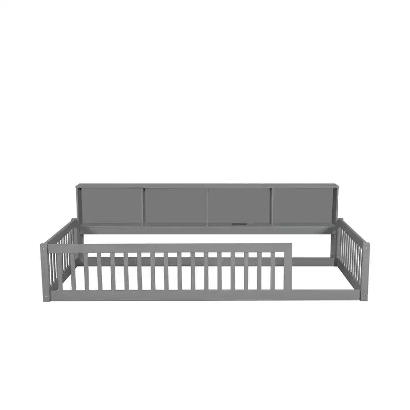 Twin XL Montessori Floor Bed with Storage Cabinets & USB Charging Ports, Pine Wood