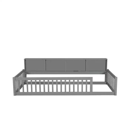 Twin XL Montessori Floor Bed with Storage Cabinets & USB Charging Ports, Pine Wood