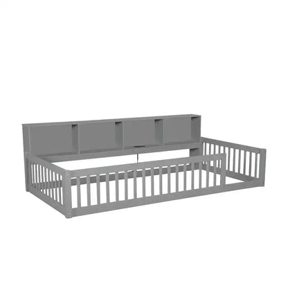 Twin XL Montessori Floor Bed with Storage Cabinets & USB Charging Ports, Pine Wood