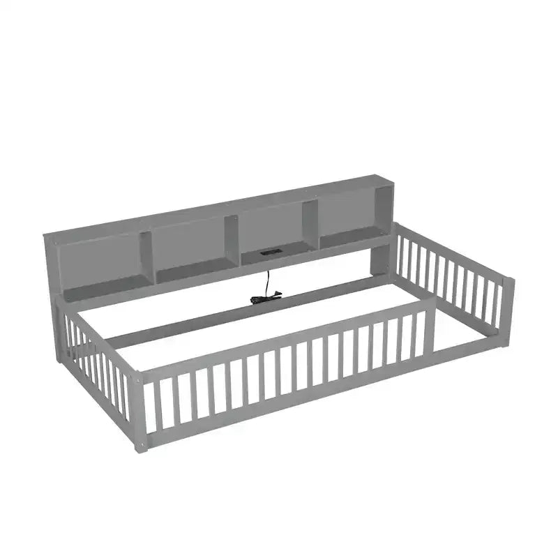 Twin XL Montessori Floor Bed with Storage Cabinets & USB Charging Ports, Pine Wood