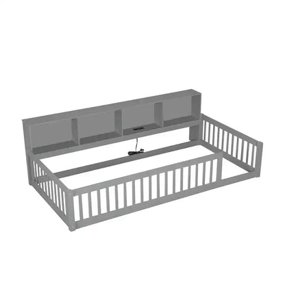 Twin XL Montessori Floor Bed with Storage Cabinets & USB Charging Ports, Pine Wood