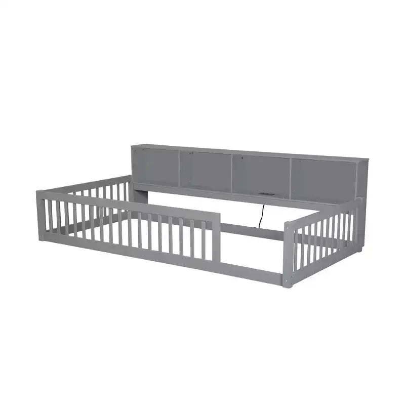 Twin XL Montessori Floor Bed with Storage Cabinets & USB Charging Ports, Pine Wood