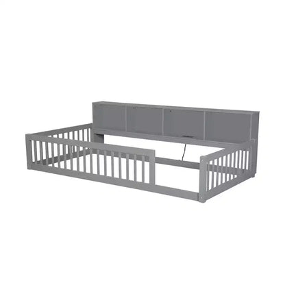 Twin XL Montessori Floor Bed with Storage Cabinets & USB Charging Ports, Pine Wood