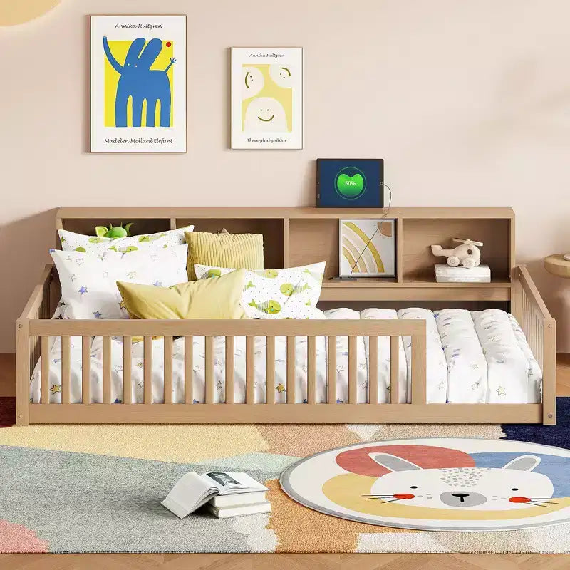 Twin XL Montessori Floor Bed with Storage Cabinets & USB Charging Ports, Pine Wood