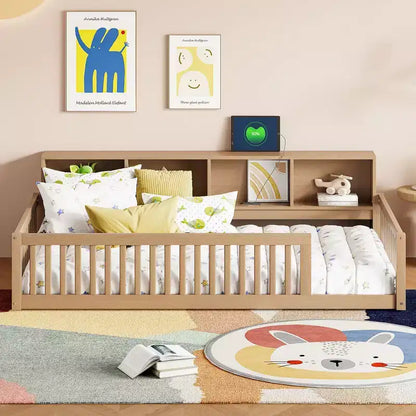 Twin XL Montessori Floor Bed with Storage Cabinets & USB Charging Ports, Pine Wood