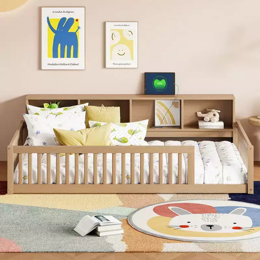 Twin XL Montessori Floor Bed with Storage Cabinets & USB Charging Ports, Pine Wood