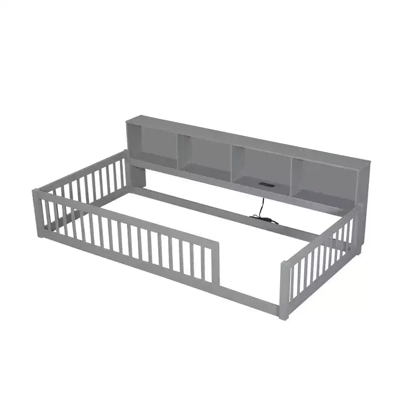 Twin XL Montessori Floor Bed with Storage Cabinets & USB Charging Ports, Pine Wood