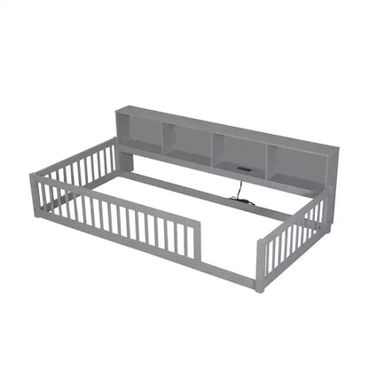 Twin XL Montessori Floor Bed with Storage Cabinets & USB Charging Ports, Pine Wood
