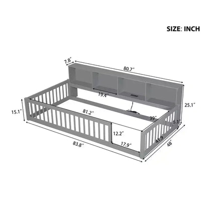 Twin XL Montessori Floor Bed with Storage Cabinets & USB Charging Ports, Pine Wood