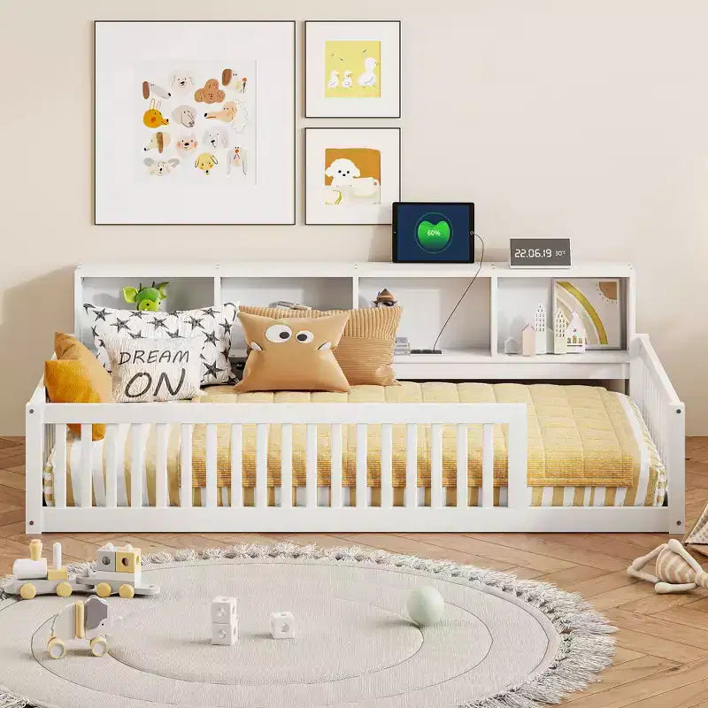 Twin XL Montessori Floor Bed with Storage Cabinets & USB Charging Ports, Pine Wood
