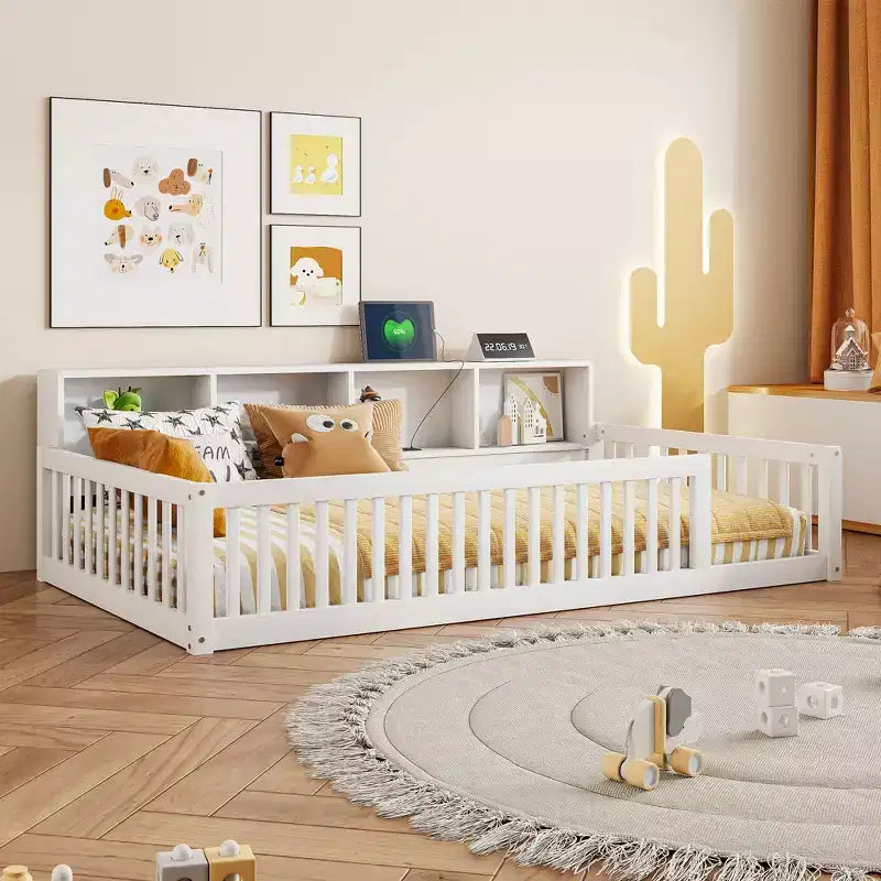 Twin XL Montessori Floor Bed with Storage Cabinets & USB Charging Ports, Pine Wood