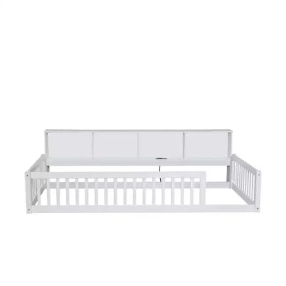 Twin XL Montessori Floor Bed with Storage Cabinets & USB Charging Ports, Pine Wood