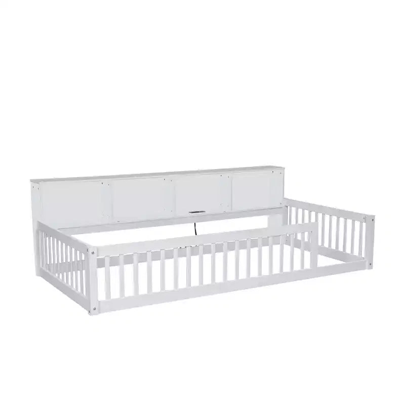 Twin XL Montessori Floor Bed with Storage Cabinets & USB Charging Ports, Pine Wood