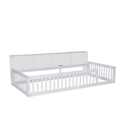 Twin XL Montessori Floor Bed with Storage Cabinets & USB Charging Ports, Pine Wood